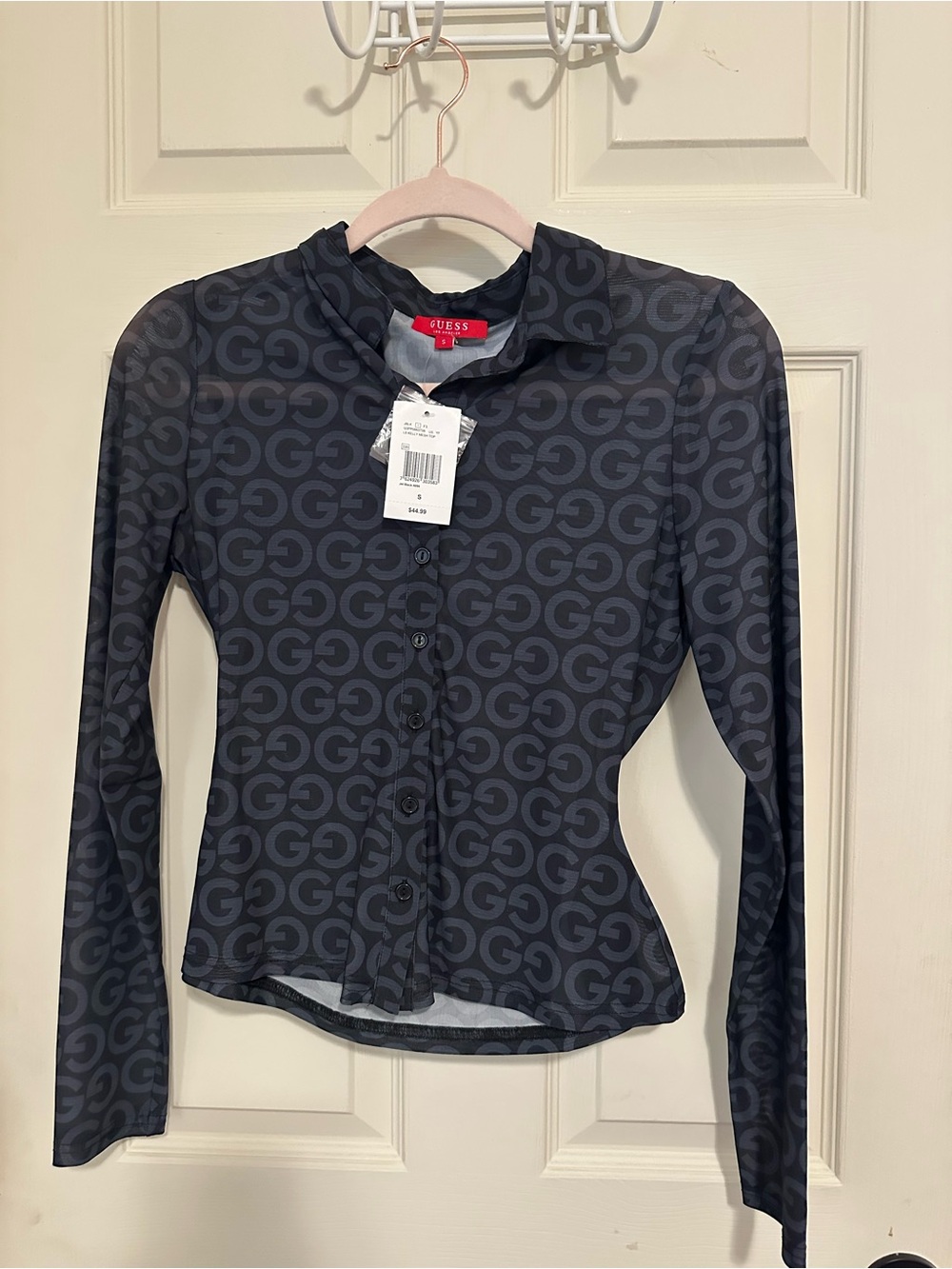 GUESS Black Logo-Print Button-Down Long Sleeve Shirt